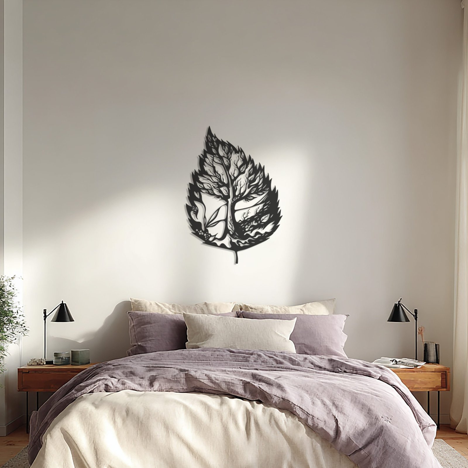 Metal wall art above a bed